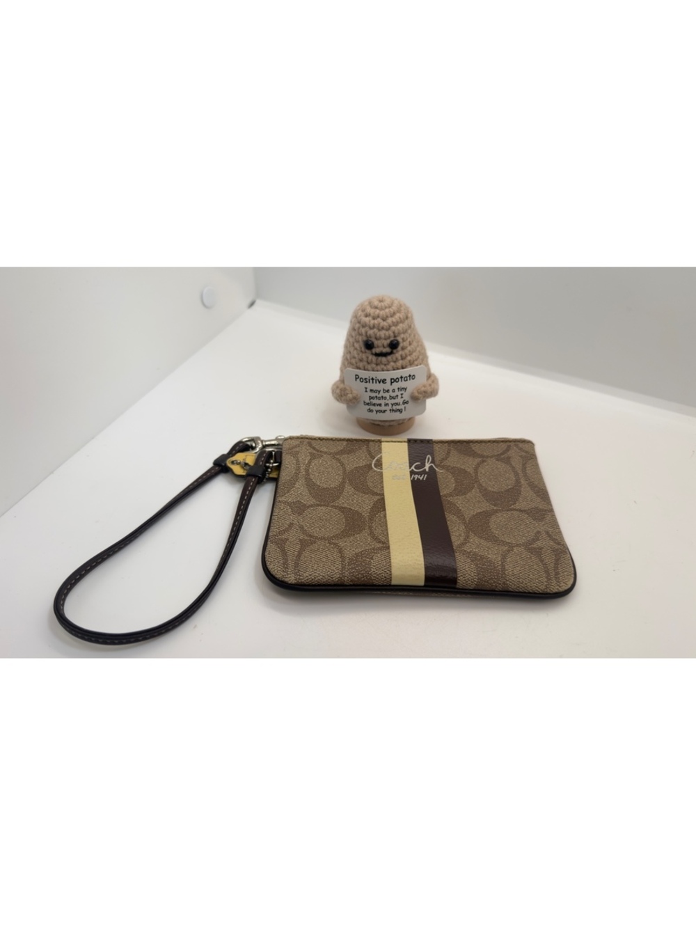 Coach Corner Zip Wristlet Signature Canvas with Stripe Tan/Brown